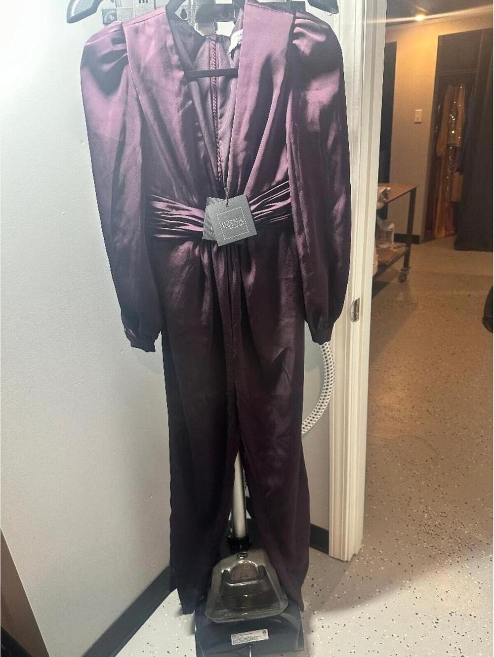 Ieena Mac Duggal Plum Satin Jumpsuit Size 0 NWT Long Sleeve Wide Leg Evening Coc - Picture 2 of 5